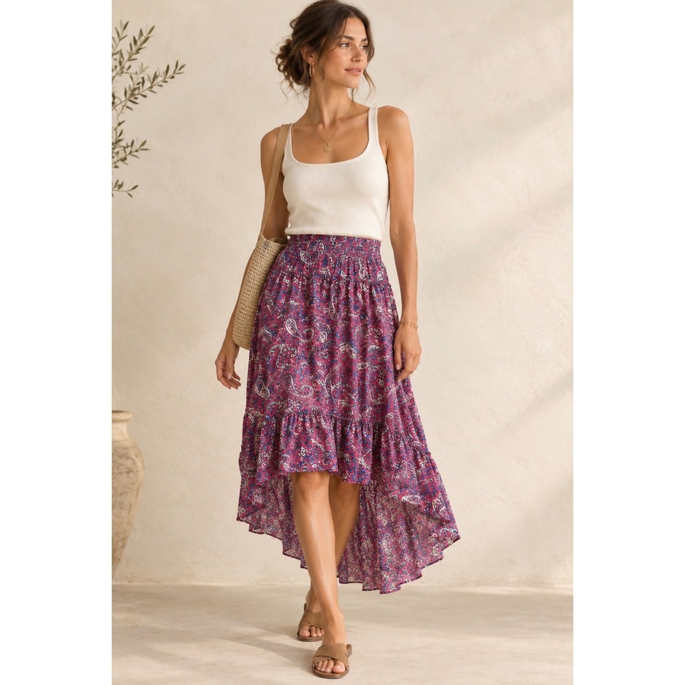 Nanette Lepore Purple Paisley High Low Maxi Skirt Medium Boho Fall Office